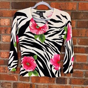Mechant womens vintage zebra print embellished floral top pink/black/white S